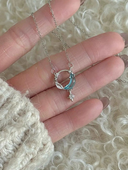 "Ice Moon Lake" 925 Sterling Silver Blue Star and Moon Pendant Necklace - Cool, Ethereal, and Unique
