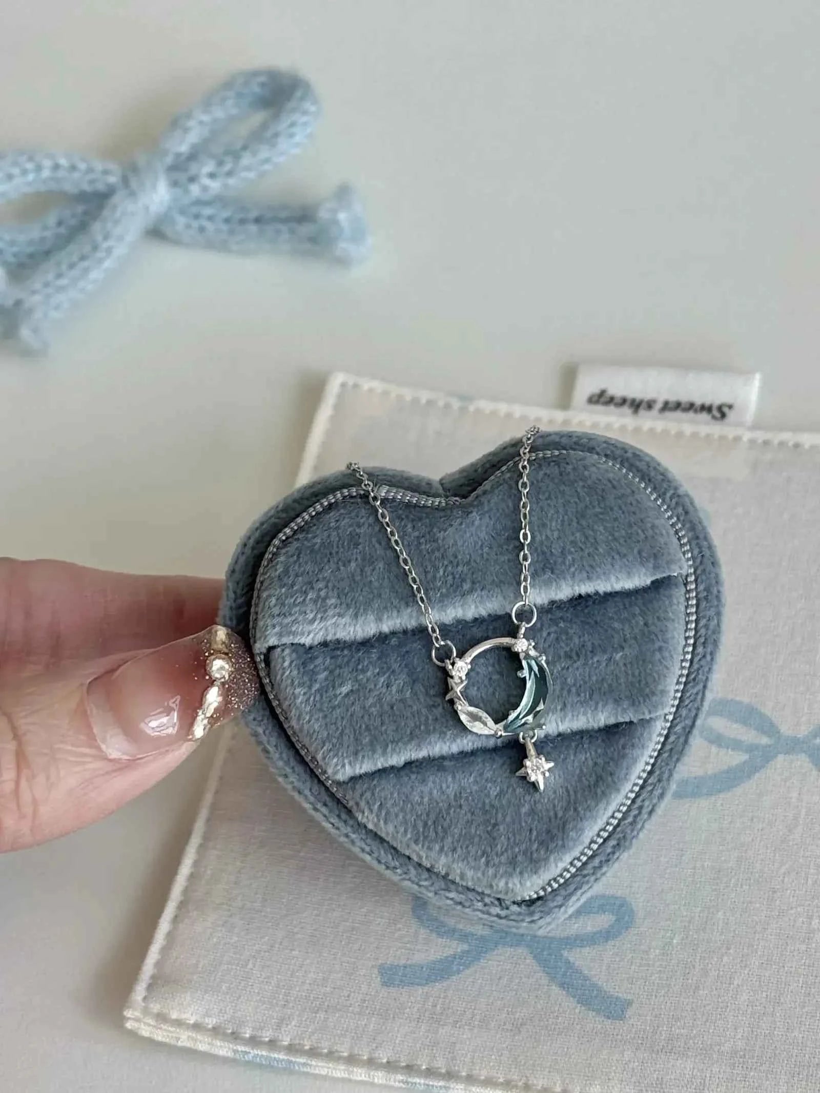 "Ice Moon Lake" 925 Sterling Silver Blue Star and Moon Pendant Necklace - Cool, Ethereal, and Unique