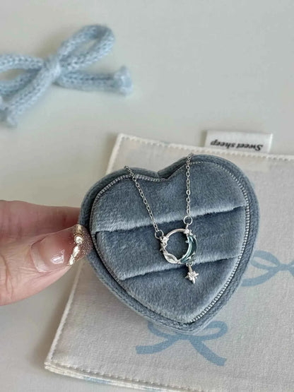 "Ice Moon Lake" 925 Sterling Silver Blue Star and Moon Pendant Necklace - Cool, Ethereal, and Unique