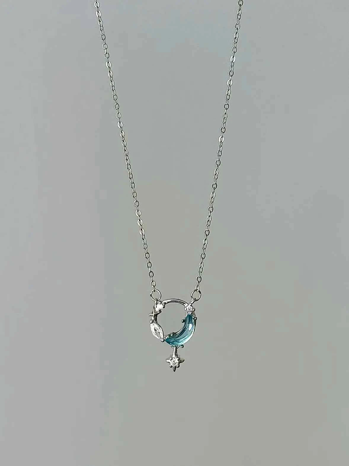 "Ice Moon Lake" 925 Sterling Silver Blue Star and Moon Pendant Necklace - Cool, Ethereal, and Unique