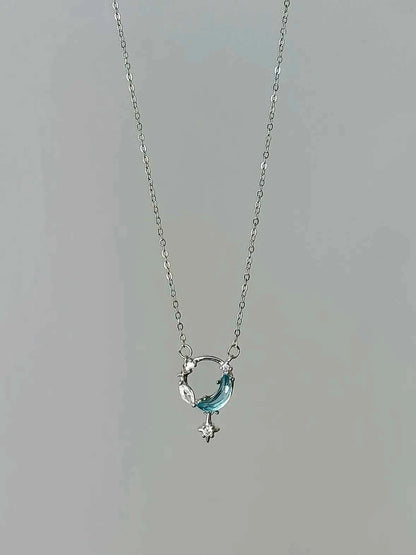 "Ice Moon Lake" 925 Sterling Silver Blue Star and Moon Pendant Necklace - Cool, Ethereal, and Unique