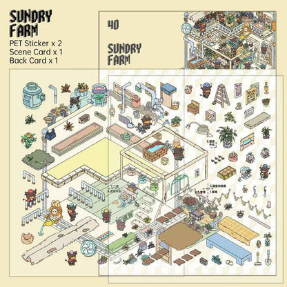 Echoes of Wasteland Series – 3D DIY Miniature Sticker Scenes - 4 Theme Sets: Sunset Pharmacy | Mechanical Ark | Power Station | Sundry Farm