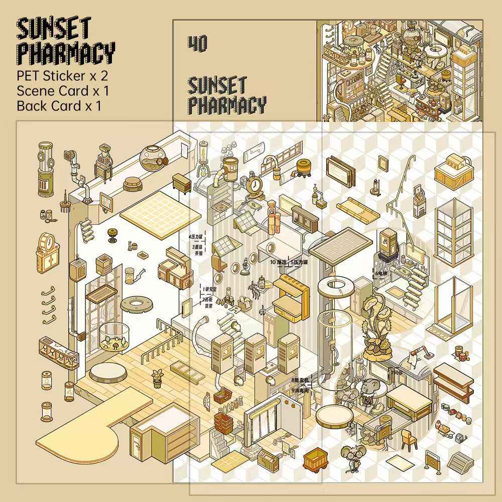 Echoes of Wasteland Series – 3D DIY Miniature Sticker Scenes - 4 Theme Sets: Sunset Pharmacy | Mechanical Ark | Power Station | Sundry Farm