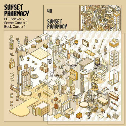 Echoes of Wasteland Series – 3D DIY Miniature Sticker Scenes - 4 Theme Sets: Sunset Pharmacy | Mechanical Ark | Power Station | Sundry Farm