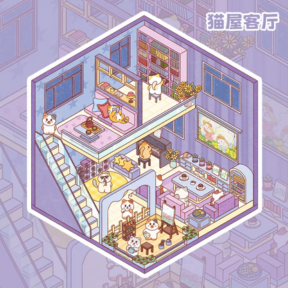 Cute Cat House – 3D DIY Miniature Sticker Scenes - 4 Theme Sets: Cat Kitchen | Cat Living Room | Cat Bathroom | Cat Bedroom