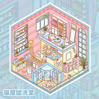 Cute Cat House – 3D DIY Miniature Sticker Scenes - 4 Theme Sets: Cat Kitchen | Cat Living Room | Cat Bathroom | Cat Bedroom