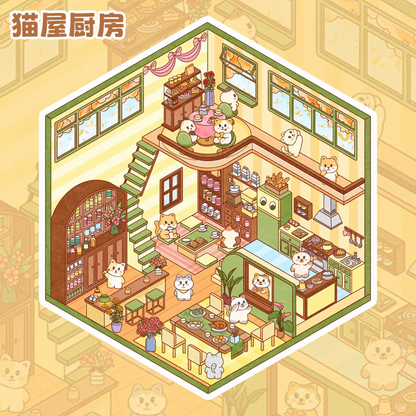 Cute Cat House – 3D DIY Miniature Sticker Scenes - 4 Theme Sets: Cat Kitchen | Cat Living Room | Cat Bathroom | Cat Bedroom