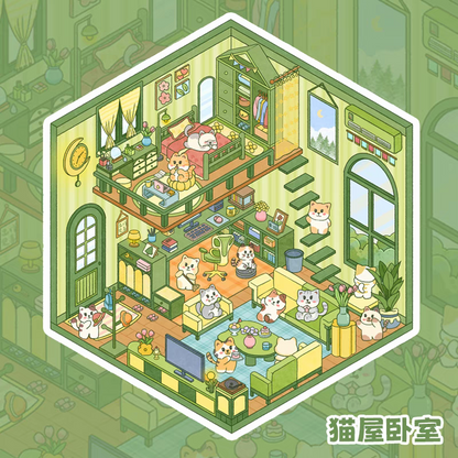 Cute Cat House – 3D DIY Miniature Sticker Scenes - 4 Theme Sets: Cat Kitchen | Cat Living Room | Cat Bathroom | Cat Bedroom