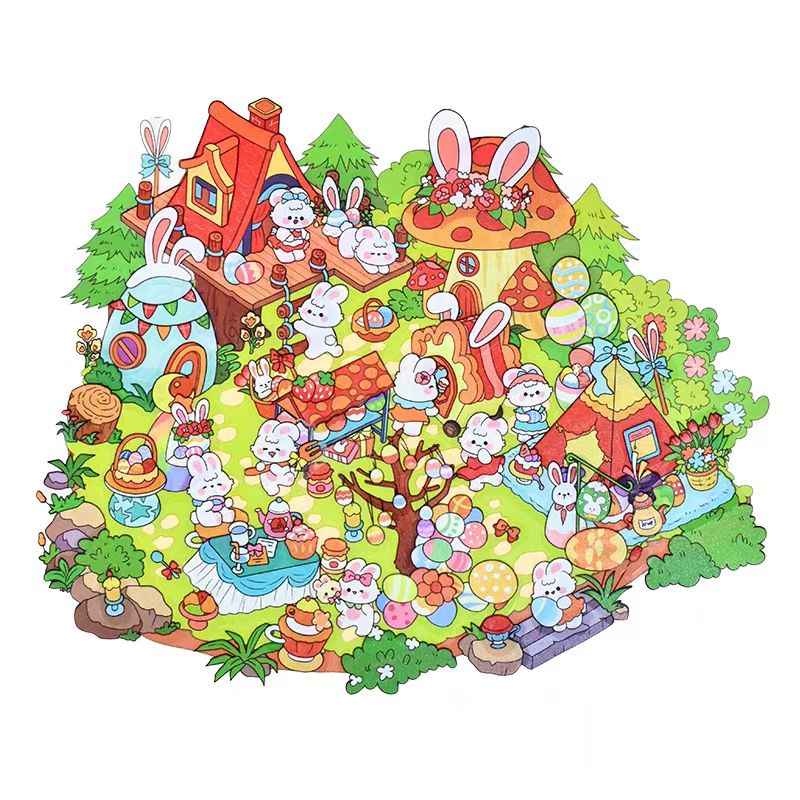Easter Bunny Series – 3D DIY Miniature Sticker Scenes - 4 Theme Sets: Easter Lawn | Easter Party | Bunny Magic World | Bunny Farm