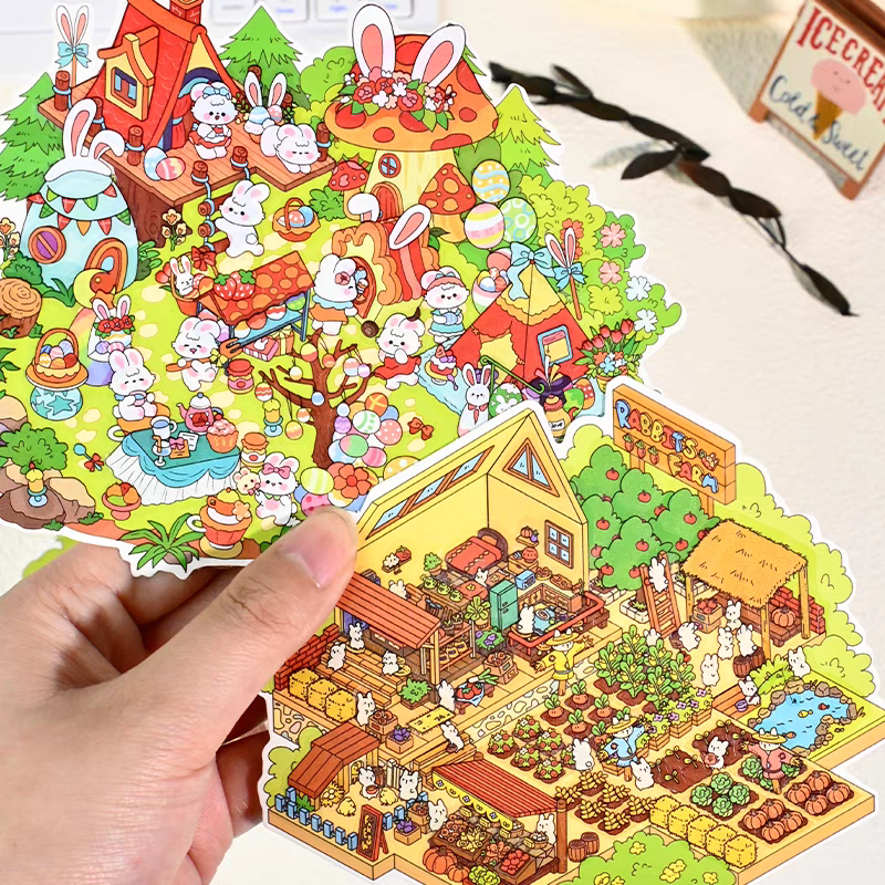 Easter Bunny Series – 3D DIY Miniature Sticker Scenes - 4 Theme Sets: Easter Lawn | Easter Party | Bunny Magic World | Bunny Farm