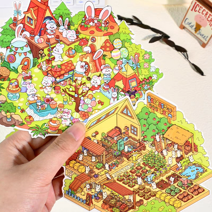 Easter Bunny Series – 3D DIY Miniature Sticker Scenes - 4 Theme Sets: Easter Lawn | Easter Party | Bunny Magic World | Bunny Farm