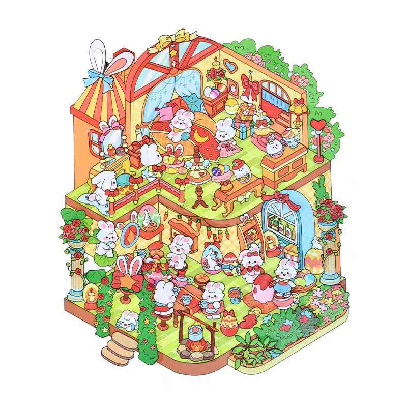 Easter Bunny Series – 3D DIY Miniature Sticker Scenes - 4 Theme Sets: Easter Lawn | Easter Party | Bunny Magic World | Bunny Farm
