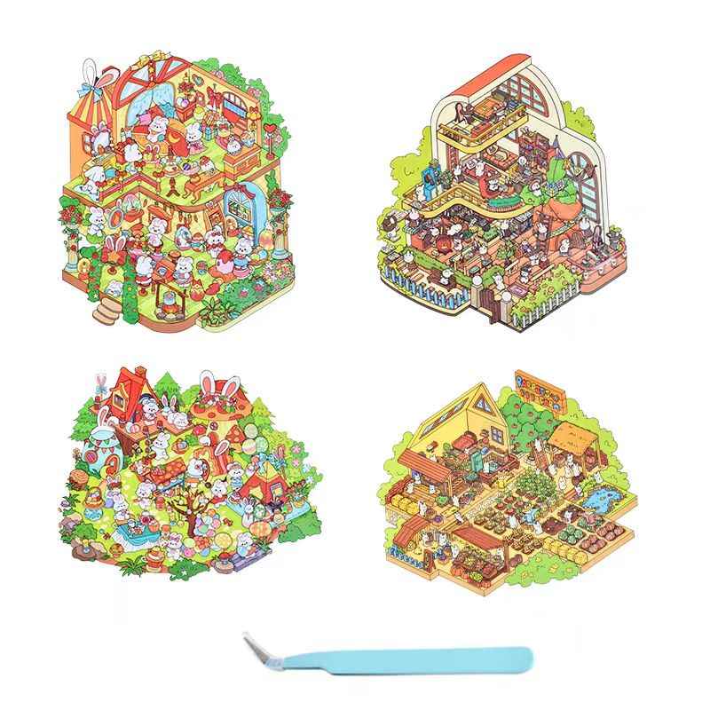 Easter Bunny Series – 3D DIY Miniature Sticker Scenes - 4 Theme Sets: Easter Lawn | Easter Party | Bunny Magic World | Bunny Farm