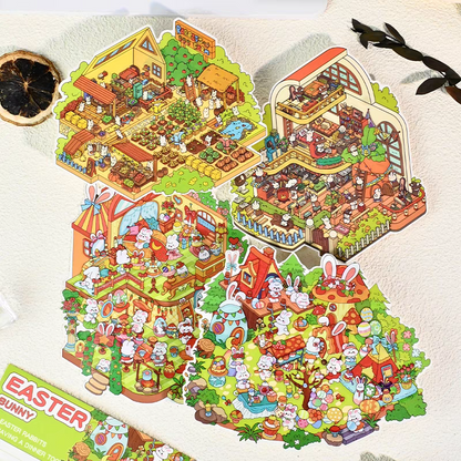 Easter Bunny Series – 3D DIY Miniature Sticker Scenes - 4 Theme Sets: Easter Lawn | Easter Party | Bunny Magic World | Bunny Farm