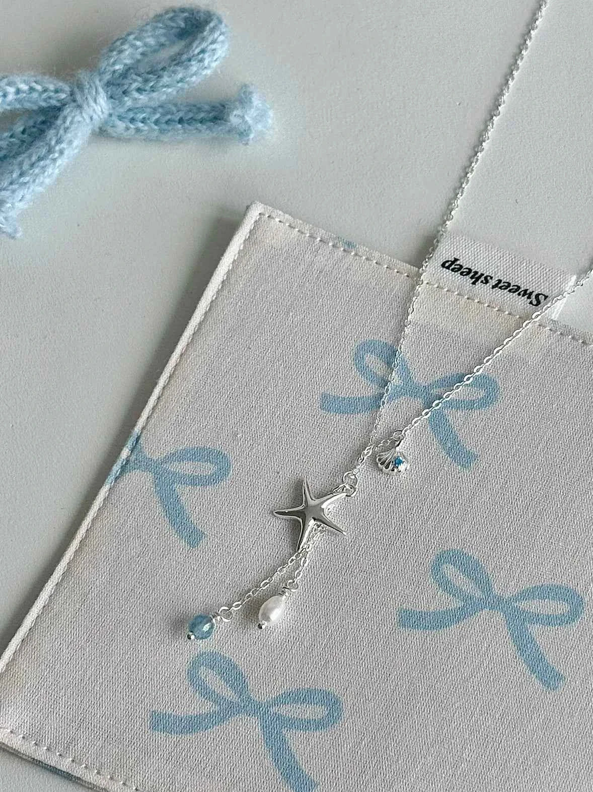 "Bubble Summer" 925 Sterling Silver Starfish, Blue Gemstone, and Pearl Necklace, Bracelet, and Earrings Set - Fresh and Elegant