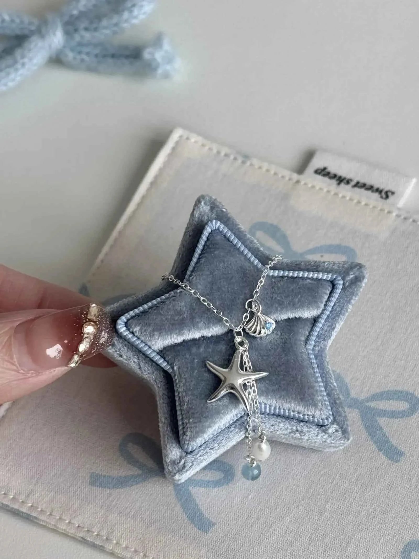 "Bubble Summer" 925 Sterling Silver Starfish, Blue Gemstone, and Pearl Necklace, Bracelet, and Earrings Set - Fresh and Elegant