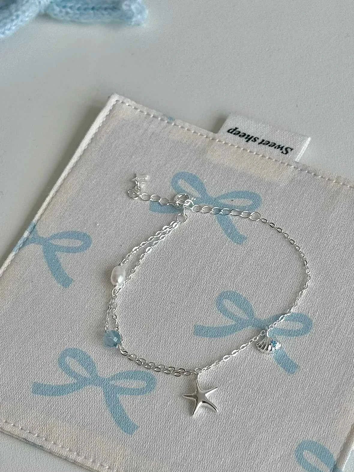 "Bubble Summer" 925 Sterling Silver Starfish, Blue Gemstone, and Pearl Necklace, Bracelet, and Earrings Set - Fresh and Elegant