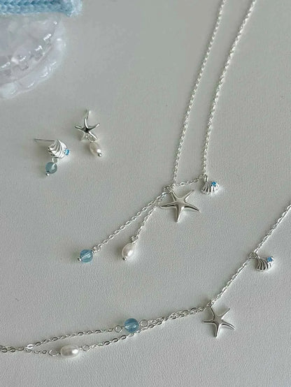 "Bubble Summer" 925 Sterling Silver Starfish, Blue Gemstone, and Pearl Necklace, Bracelet, and Earrings Set - Fresh and Elegant