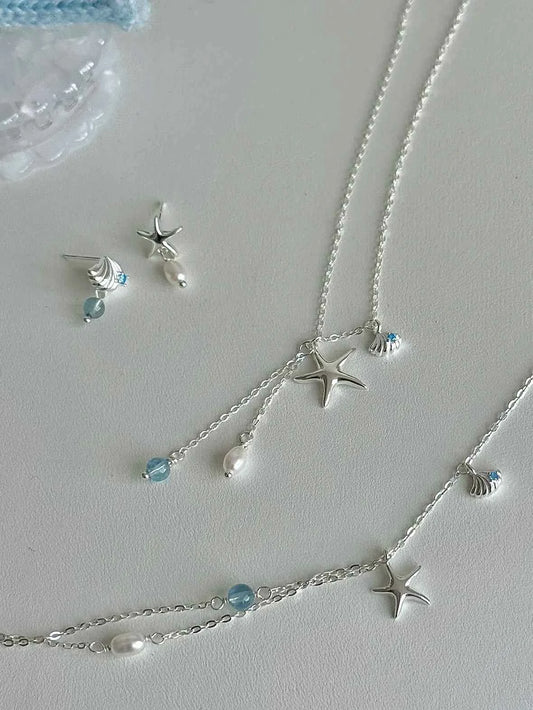 "Bubble Summer" 925 Sterling Silver Starfish, Blue Gemstone, and Pearl Necklace, Bracelet, and Earrings Set - Fresh and Elegant