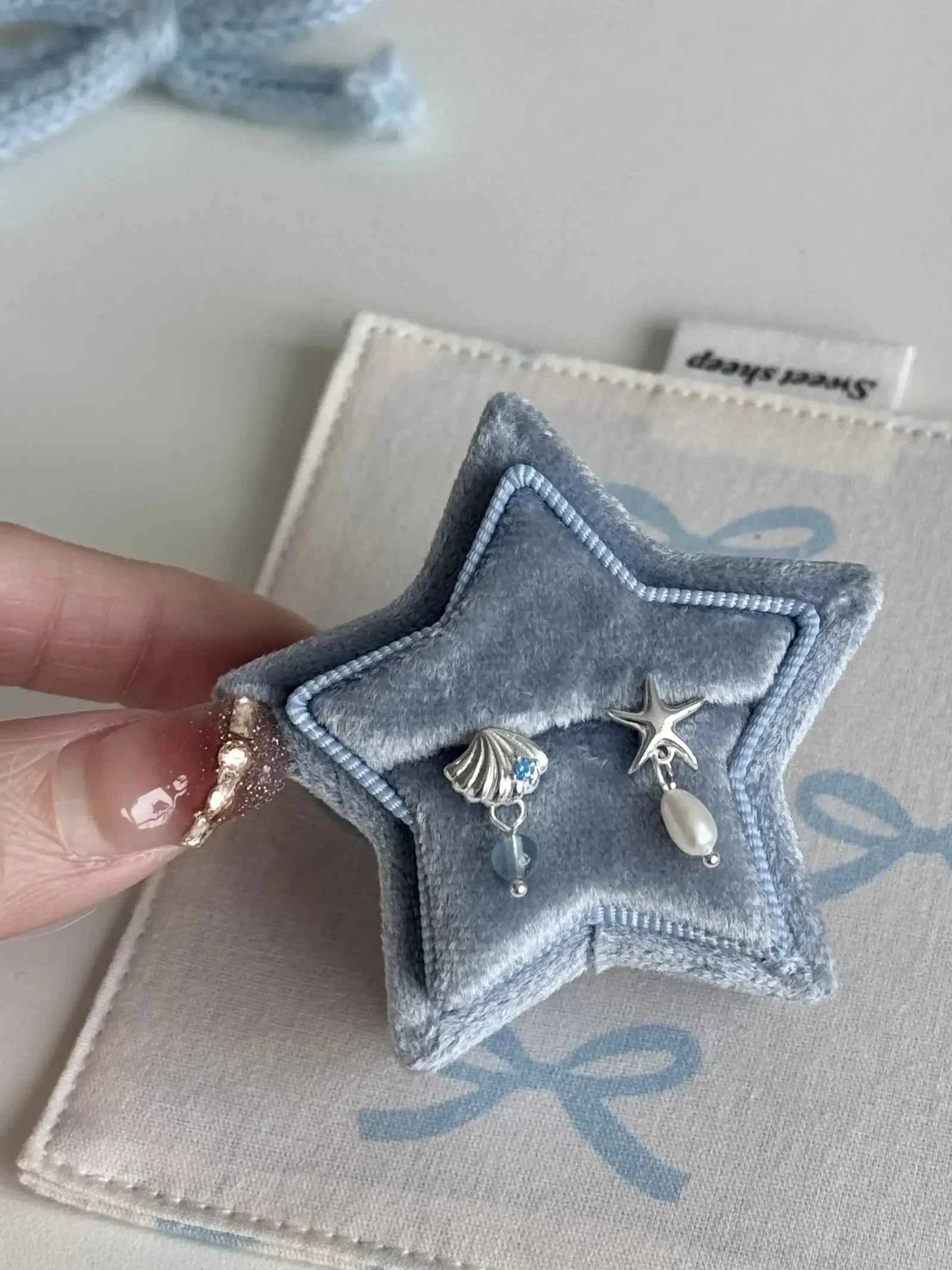 "Bubble Summer" 925 Sterling Silver Starfish, Blue Gemstone, and Pearl Necklace, Bracelet, and Earrings Set - Fresh and Elegant