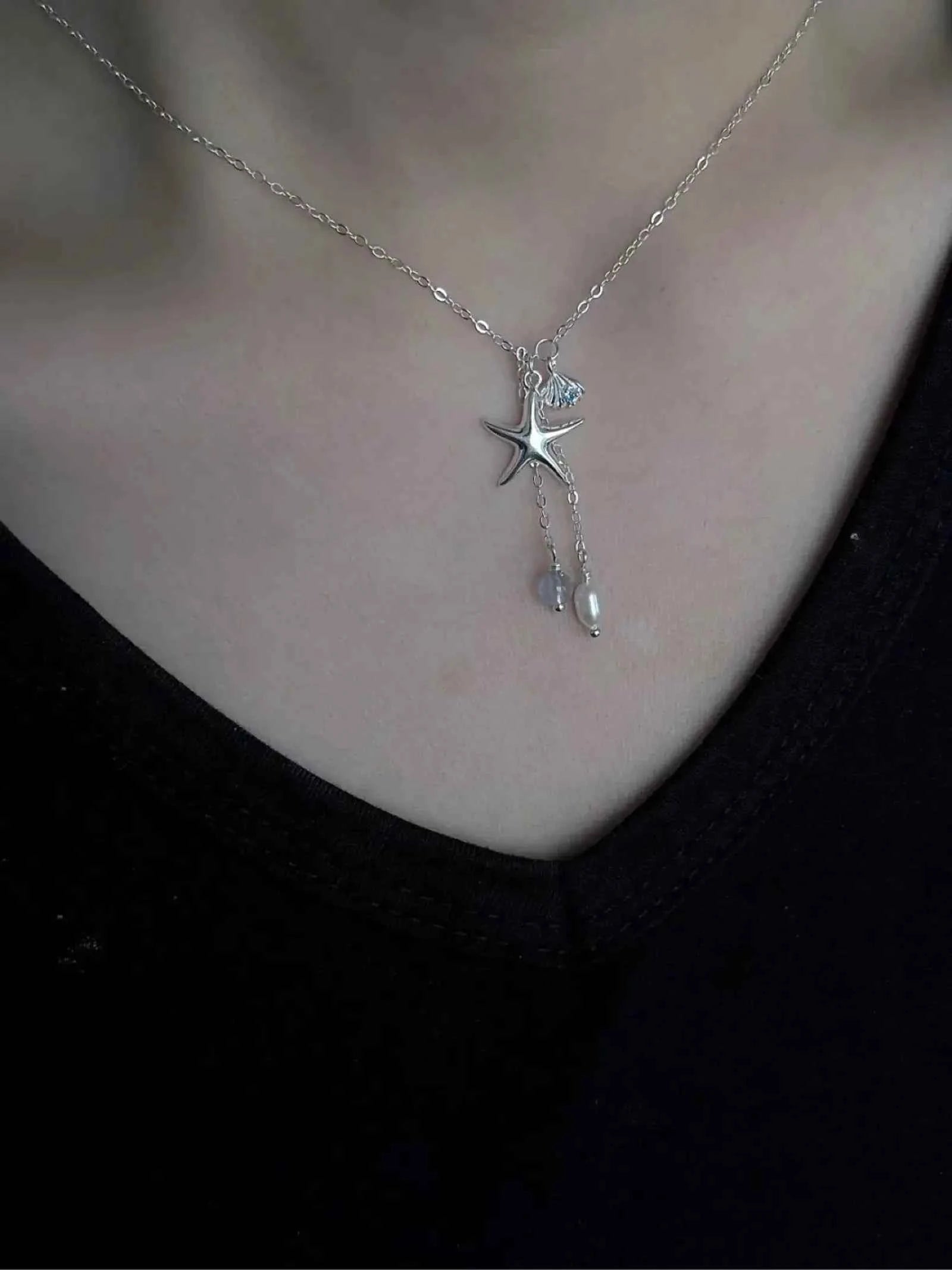 "Bubble Summer" 925 Sterling Silver Starfish, Blue Gemstone, and Pearl Necklace, Bracelet, and Earrings Set - Fresh and Elegant