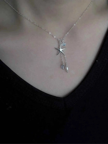 "Bubble Summer" 925 Sterling Silver Starfish, Blue Gemstone, and Pearl Necklace, Bracelet, and Earrings Set - Fresh and Elegant