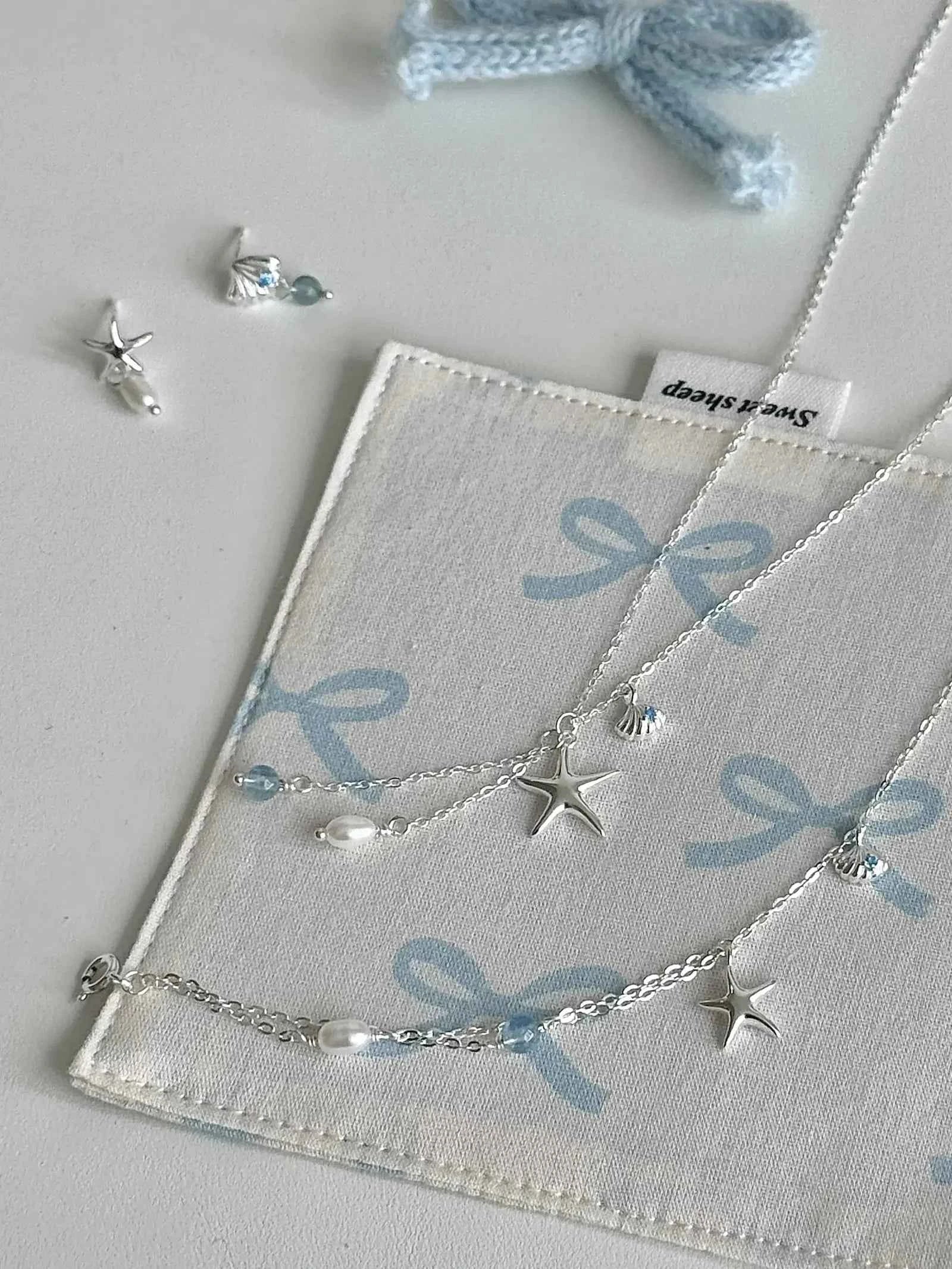 "Bubble Summer" 925 Sterling Silver Starfish, Blue Gemstone, and Pearl Necklace, Bracelet, and Earrings Set - Fresh and Elegant