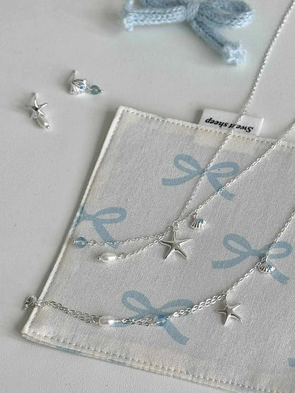 "Bubble Summer" 925 Sterling Silver Starfish, Blue Gemstone, and Pearl Necklace, Bracelet, and Earrings Set - Fresh and Elegant