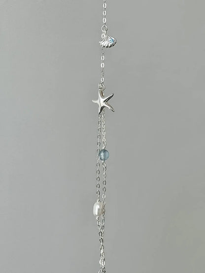 "Bubble Summer" 925 Sterling Silver Starfish, Blue Gemstone, and Pearl Necklace, Bracelet, and Earrings Set - Fresh and Elegant - SNSEASY