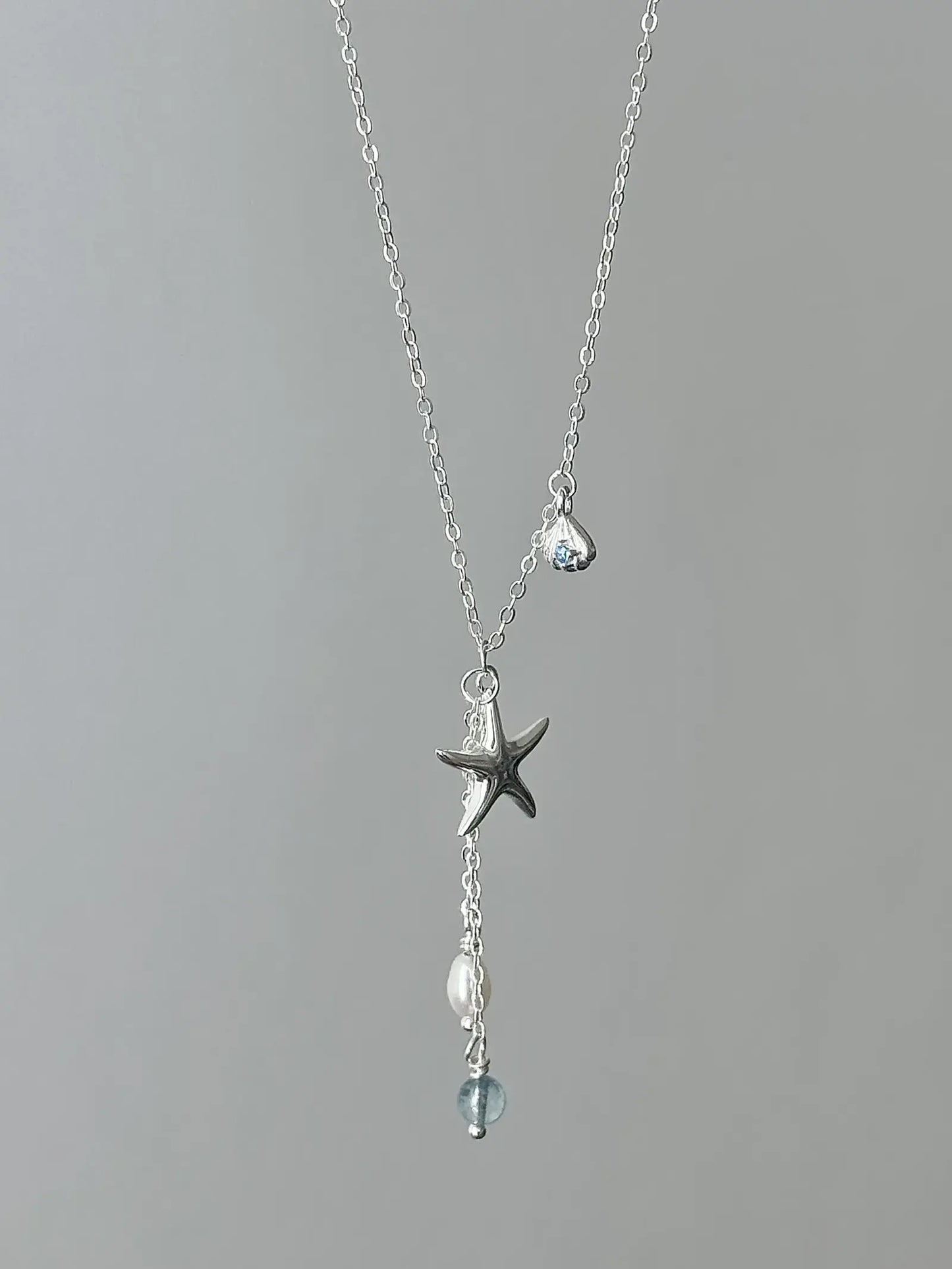 "Bubble Summer" 925 Sterling Silver Starfish, Blue Gemstone, and Pearl Necklace, Bracelet, and Earrings Set - Fresh and Elegant - SNSEASY