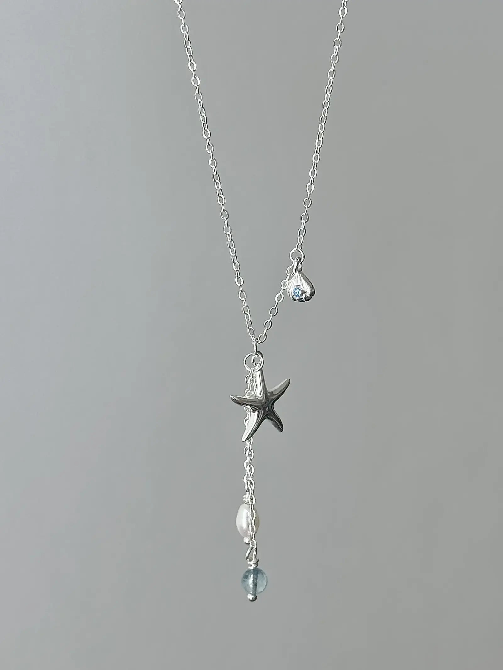"Bubble Summer" 925 Sterling Silver Starfish, Blue Gemstone, and Pearl Necklace, Bracelet, and Earrings Set - Fresh and Elegant - SNSEASY