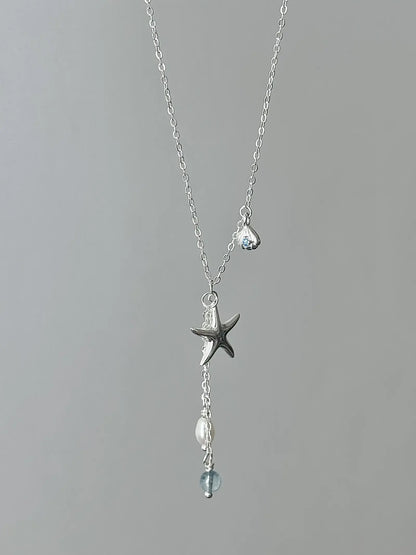 "Bubble Summer" 925 Sterling Silver Starfish, Blue Gemstone, and Pearl Necklace, Bracelet, and Earrings Set - Fresh and Elegant - SNSEASY