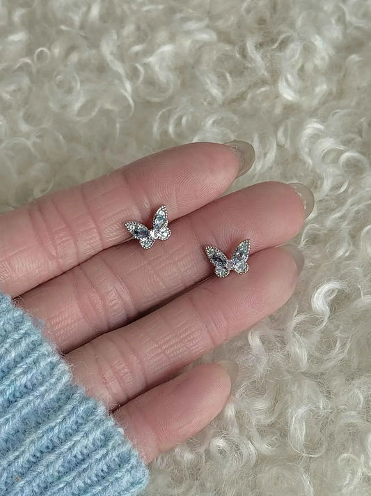 "Snow Butterfly" Blue and Pink Diamond Double-Color Butterfly Stud Earrings - Japanese Style, Delicate, and Cold Chic