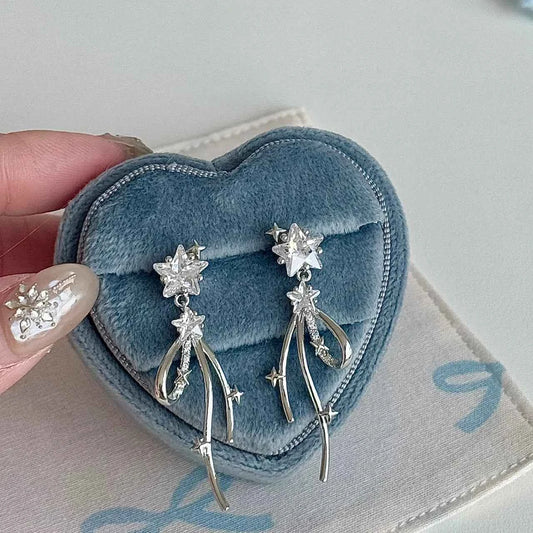 「Starlight Dream Ribbon」925 Sterling Silver Ribbon Bow Earrings with Sparkling Gems - Elegant and Versatile