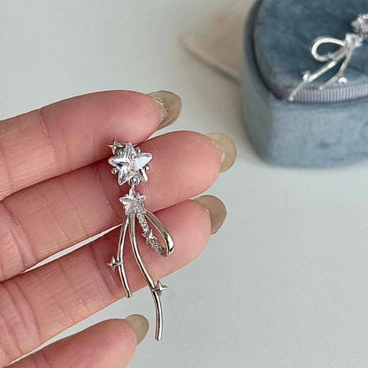 「Starlight Dream Ribbon」925 Sterling Silver Ribbon Bow Earrings with Sparkling Gems - Elegant and Versatile