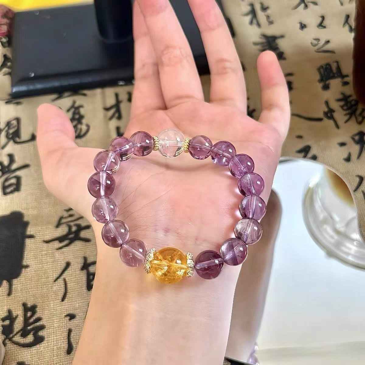 Auralite Amethyst & Citrine Bracelet with Clear Quartz – Natural Crystal Jewelry for Clarity, Abundance & Inner Peace