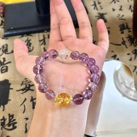 Auralite Amethyst & Citrine Bracelet with Clear Quartz – Natural Crystal Jewelry for Clarity, Abundance & Inner Peace