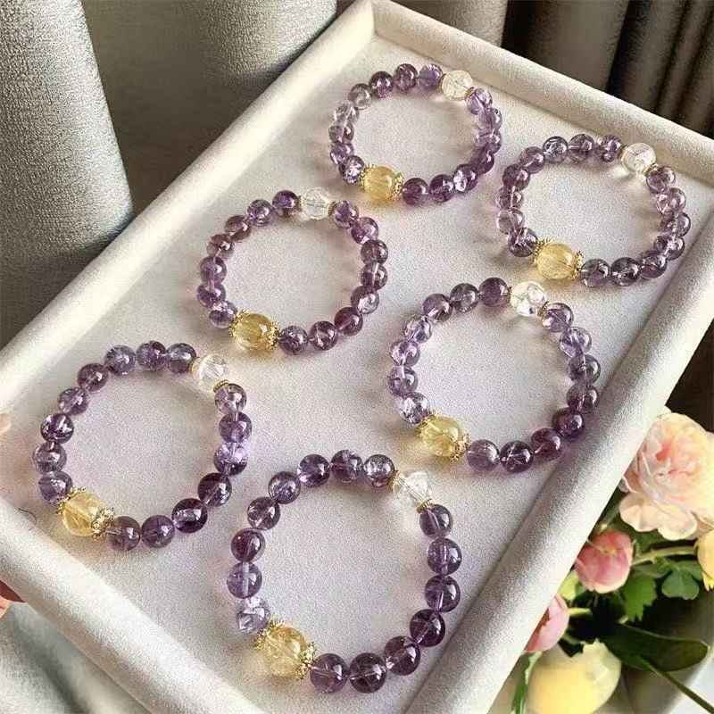 Auralite Amethyst & Citrine Bracelet with Clear Quartz – Natural Crystal Jewelry for Clarity, Abundance & Inner Peace