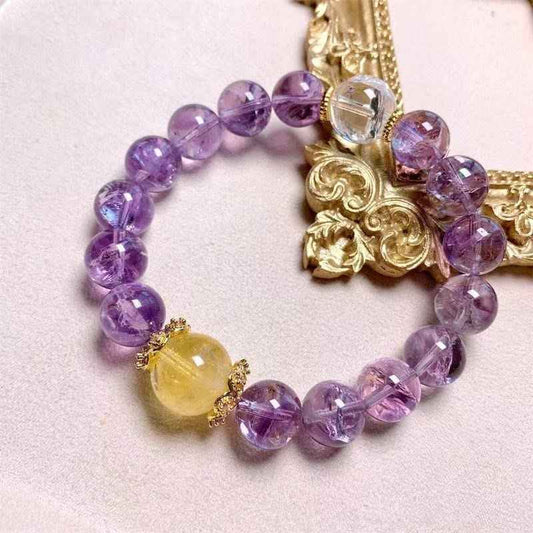 Auralite Amethyst & Citrine Bracelet with Clear Quartz – Natural Crystal Jewelry for Clarity, Abundance & Inner Peace