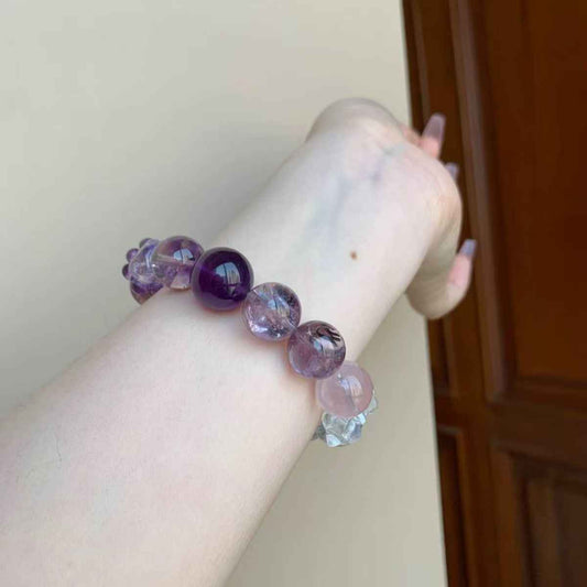 Purple Crystal Harmony Bracelet – 9 Amethyst Varieties with Clear & Rose Quartz for Love, Intuition & Balance