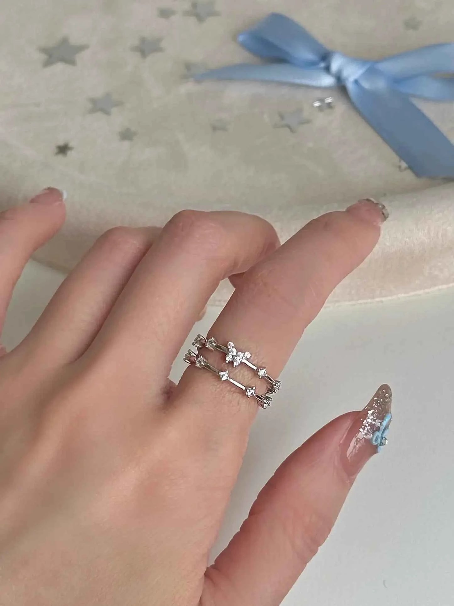"Feather Veil" 925 Sterling Silver Double-Band Butterfly Ring with Artificial Gems - Delicate, Sparkling, and Luxe