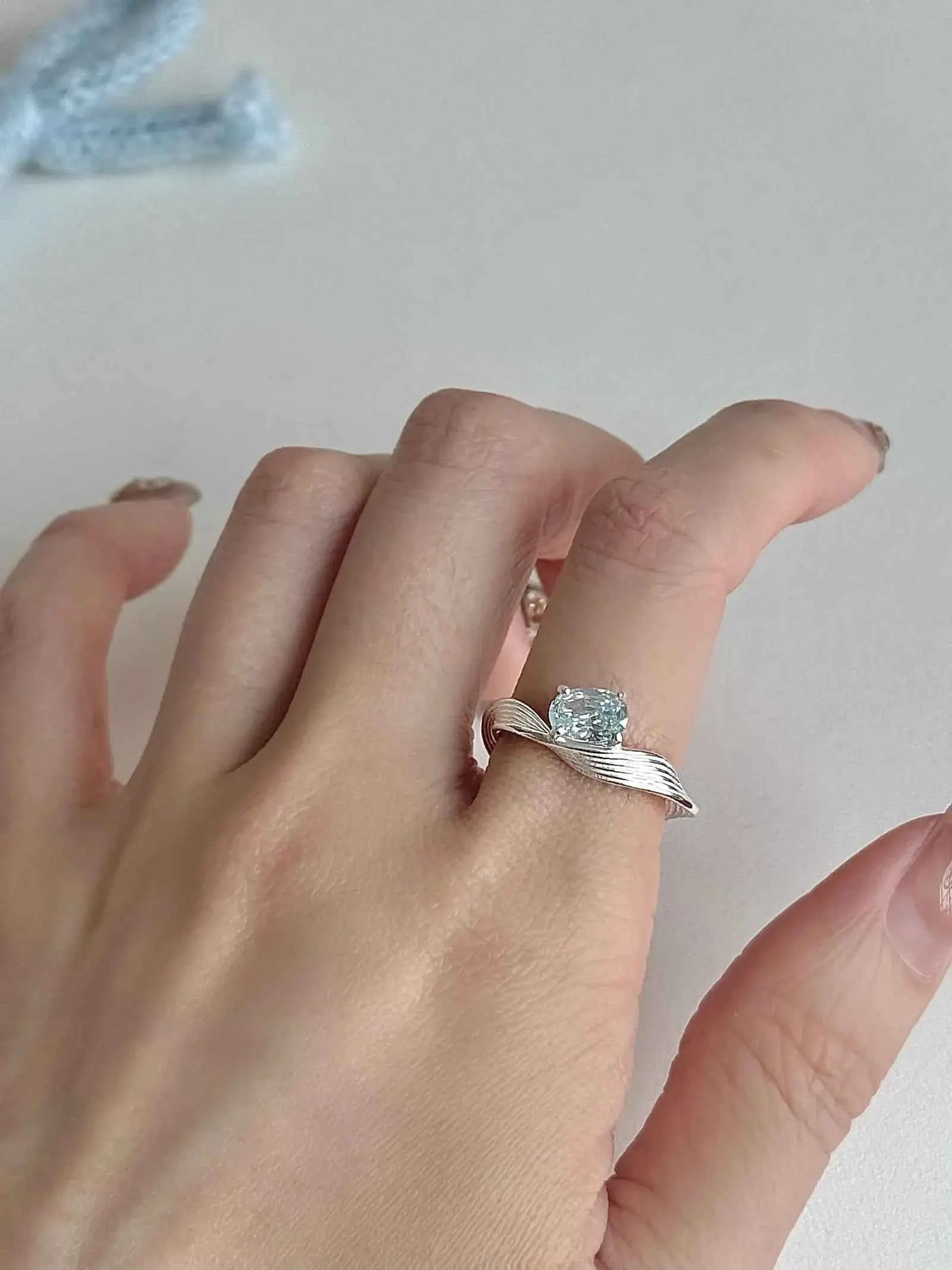 "Mercury Wave" 925 Sterling Silver Ring with Sea Blue Artificial Gems - Delicate, Luxurious, and Cool Chic