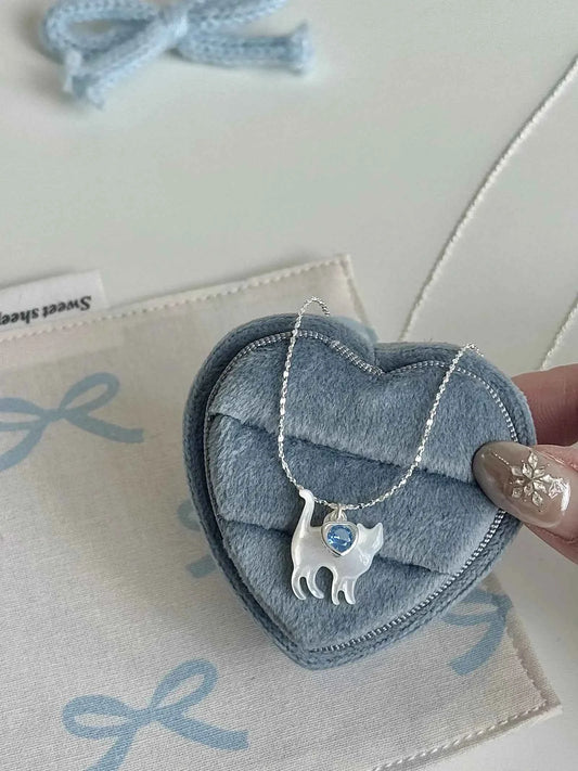 "Cloud Cat" 925 Sterling Silver Mother-of-Pearl Cat Necklace with Blue Heart Zircon - Delicate, Luxurious, and Sweet
