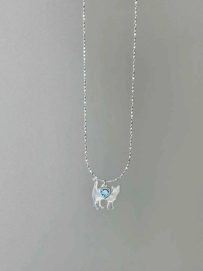 "Cloud Cat" 925 Sterling Silver Mother-of-Pearl Cat Necklace with Blue Heart Zircon - Delicate, Luxurious, and Sweet