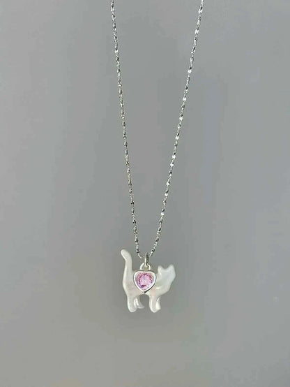 "Be Your Meow" 925 Sterling Silver Pink Heart Zircon and White Mother-of-Pearl Cat Necklace - Delicate and Elegant