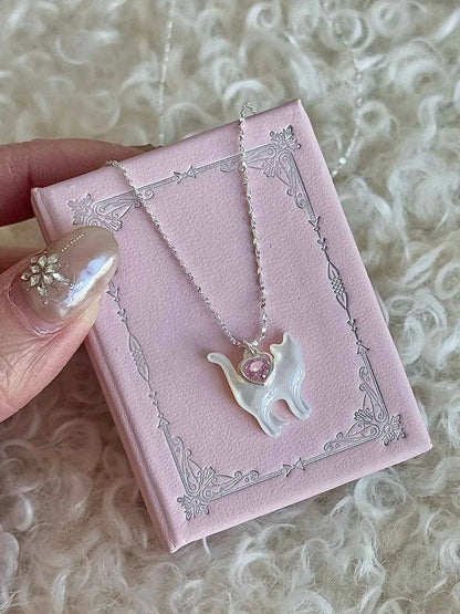 "Be Your Meow" 925 Sterling Silver Pink Heart Zircon and White Mother-of-Pearl Cat Necklace - Delicate and Elegant