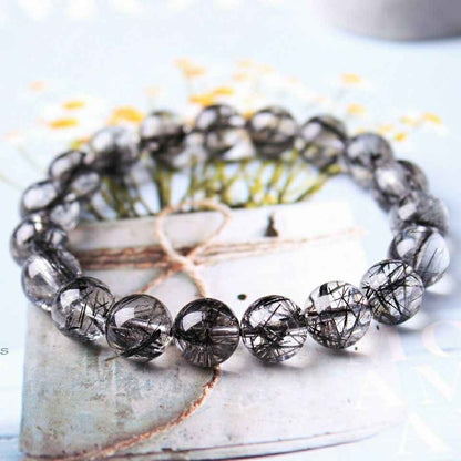 Black Rutilated Quartz Bracelet – Natural 4mm–10mm Crystal for Protection, Focus & Energy Alignment