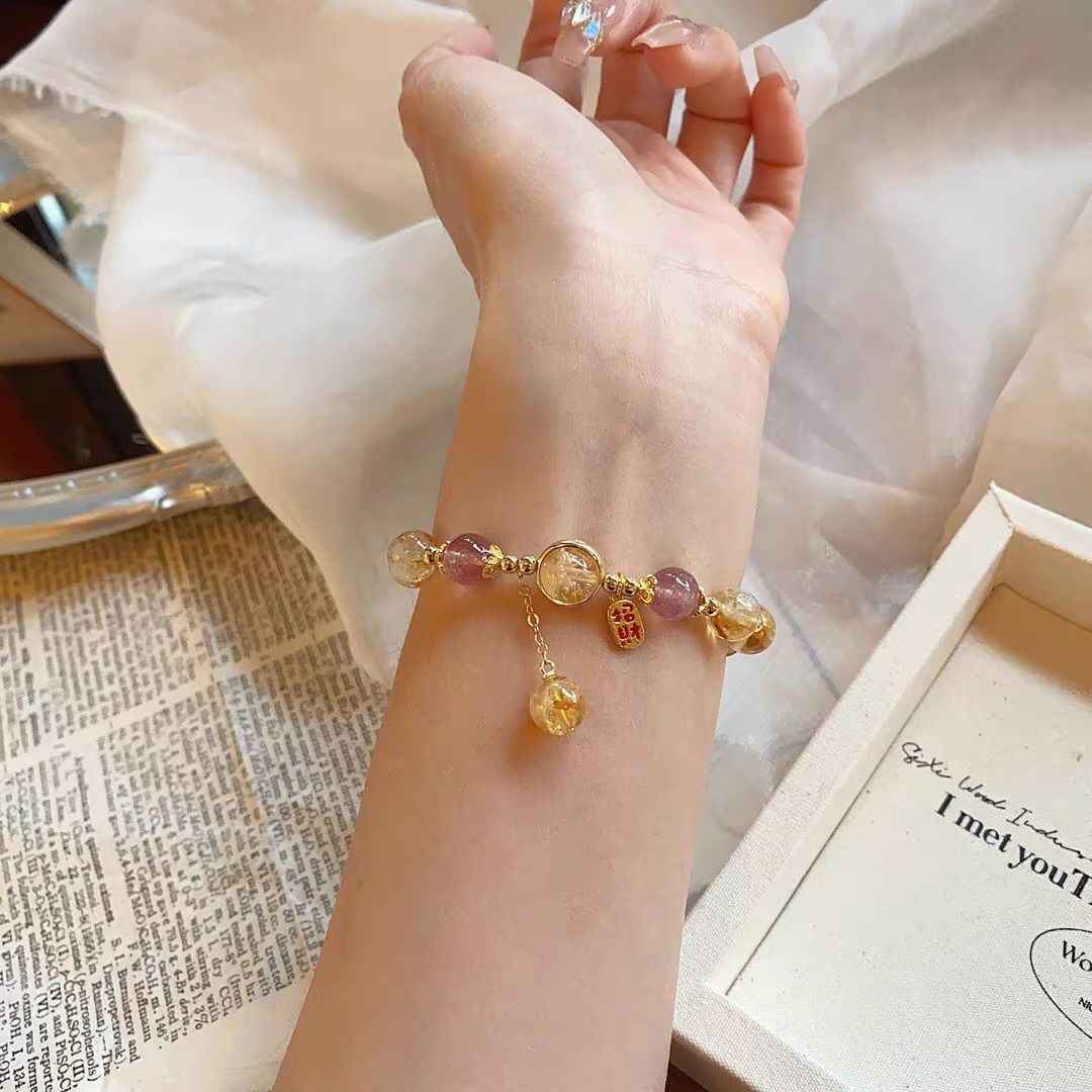 Golden Prosperity Crystal Bracelet – Yellow Beads with Amethyst & Tassel for Wealth, Focus & Good Fortune