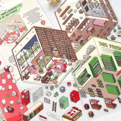OOJ Simulation Business 3D Isometric Room Stickers - 7 Theme Sets: Fresh Market | Bookstore | Laundry | Baking Shop | Dessert | Burger Shop | Firework Market - SNSEASY