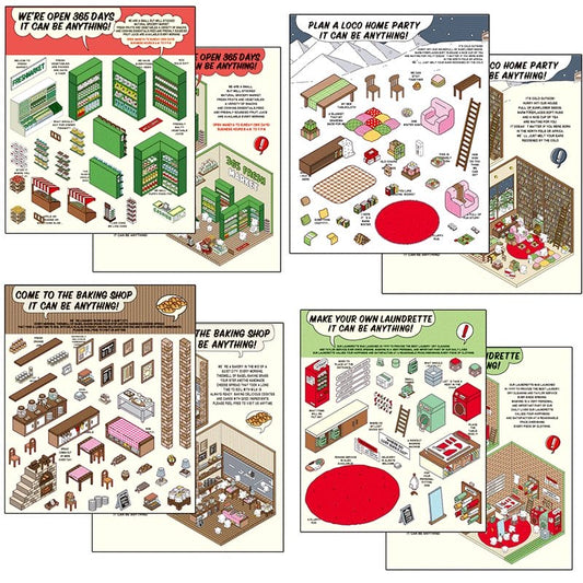 OOJ Simulation Business 3D Isometric Room Stickers - 7 Theme Sets: Fresh Market | Bookstore | Laundry | Baking Shop | Dessert | Burger Shop | Firework Market